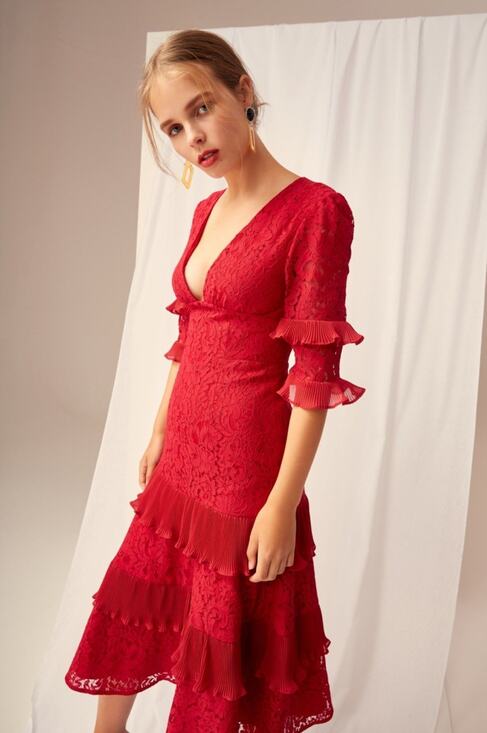 Anthropologie Dresses & Skirts - Anthropologie Keepsake Timeless Dress Red Lace Midi S Formal Pleated Vneck Chic